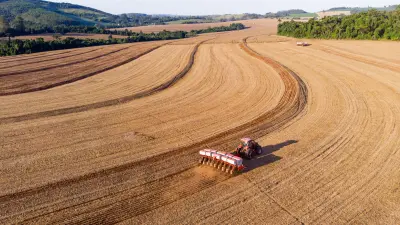 Trator cultivando solo