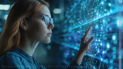 A woman wearing glasses analyzes digital data structures displayed on an illuminated wall.