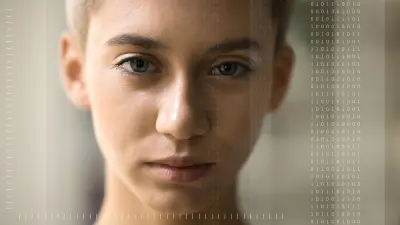 Close-up of a young woman's face, looking directly into the camera.