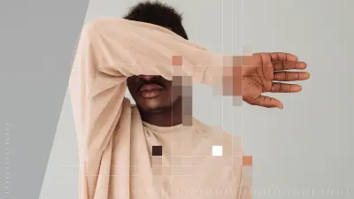  Uma pessoa cobre parte do rosto com o braço. A imagem está parcialmente sobreposta por blocos de pixels coloridos.