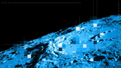  É mostrada uma paisagem lunar com rochas espalhadas. Partes da superfície estão cobertas por blocos de pixels coloridos.