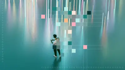 Uma pessoa está em um ambiente futurista iluminado. Partes da imagem são sobrepôs tas com blocos de pixels coloridos.
