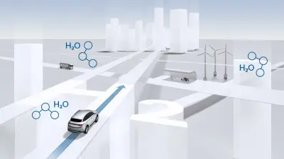 Carro passando por uma cidade futurística e sustentável